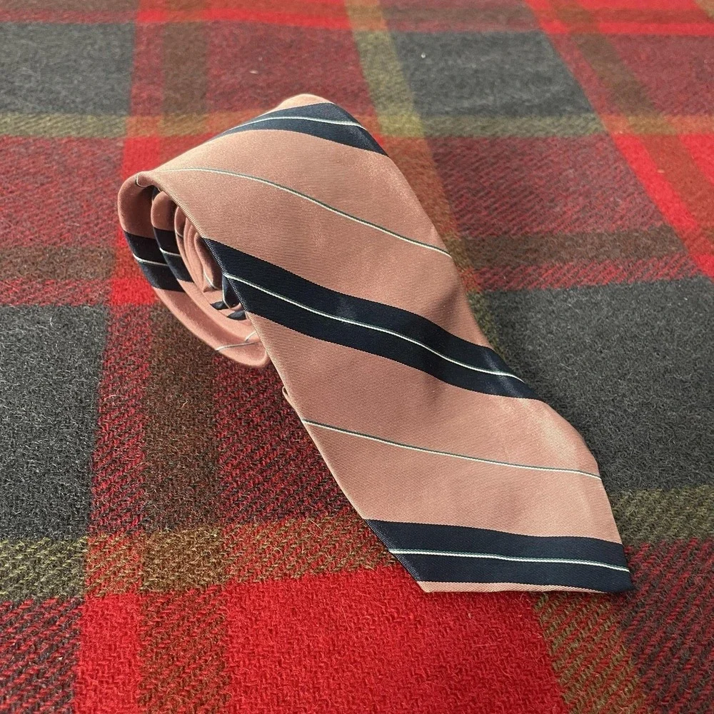 Vintage Christian Dior Tie Mens Pink Navy Stripe Silk Made USA Classic Logo
